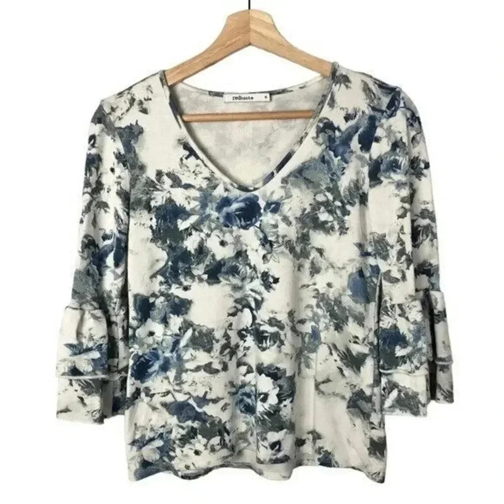 RedHaute White & Gray Floral Bell Sleeve Long Sleeve Top M
